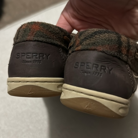 Sperry Top Sider Shoes-Wmns Sz 9-Dark Brown with Plaid Flannel Trim-Leather Ties - Picture 7 of 15
